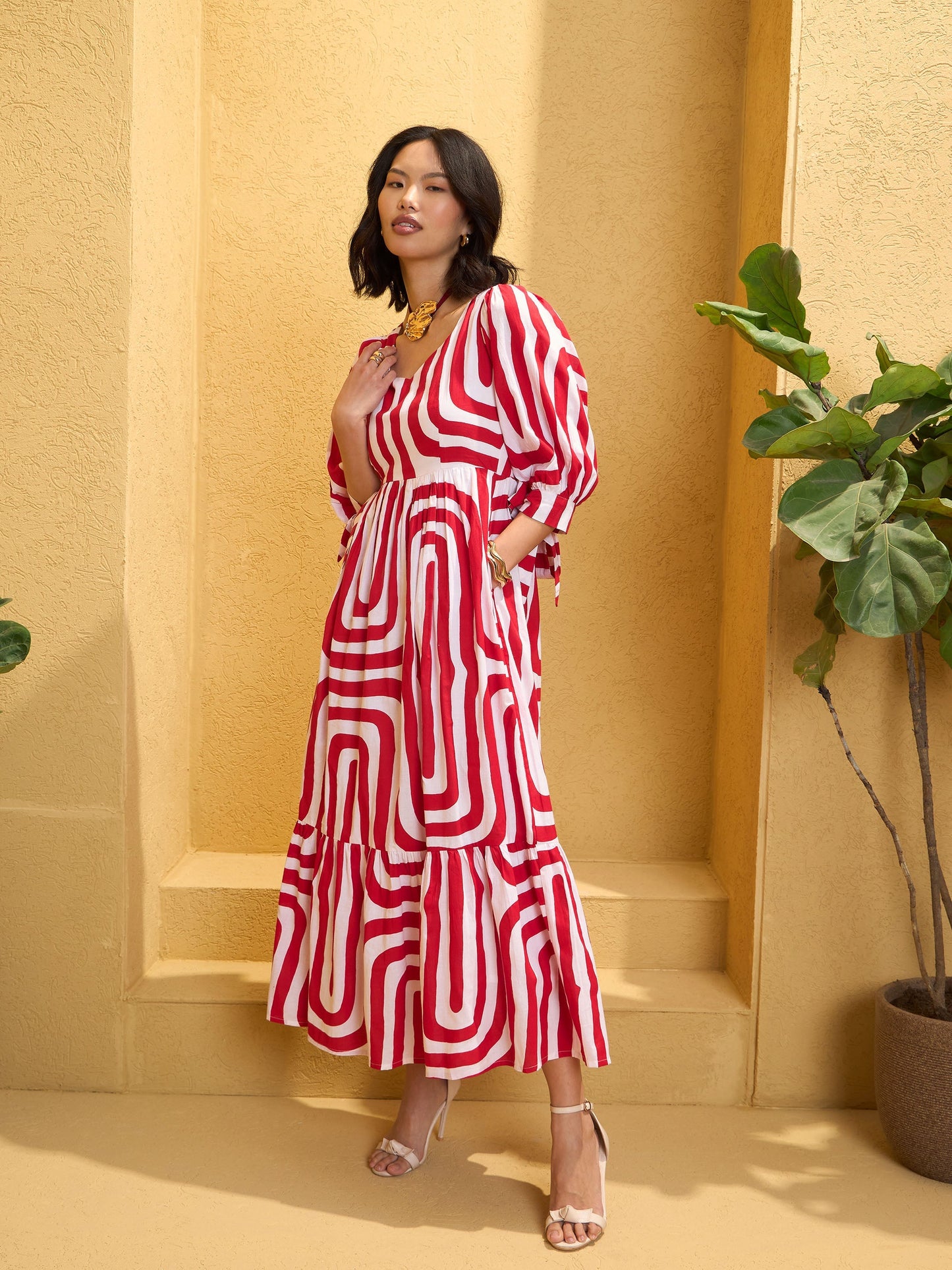 Women Red & White Back Cut-out Knot Maxi Dress
