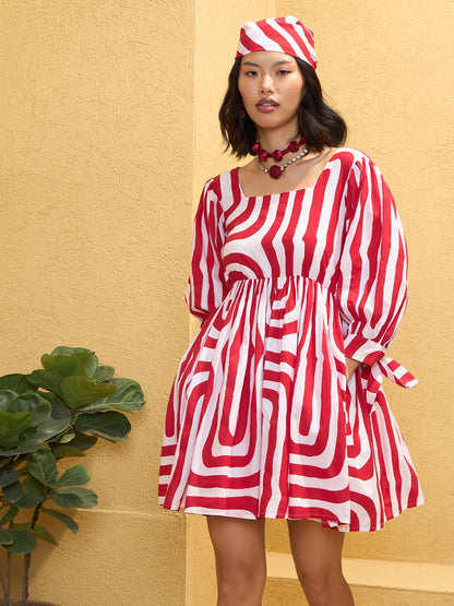 Red & White Sleeves Knot Short Dress