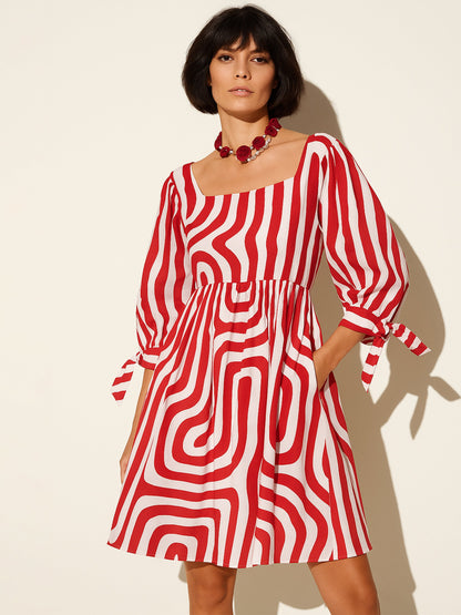 Red & White Sleeves Knot Short Dress