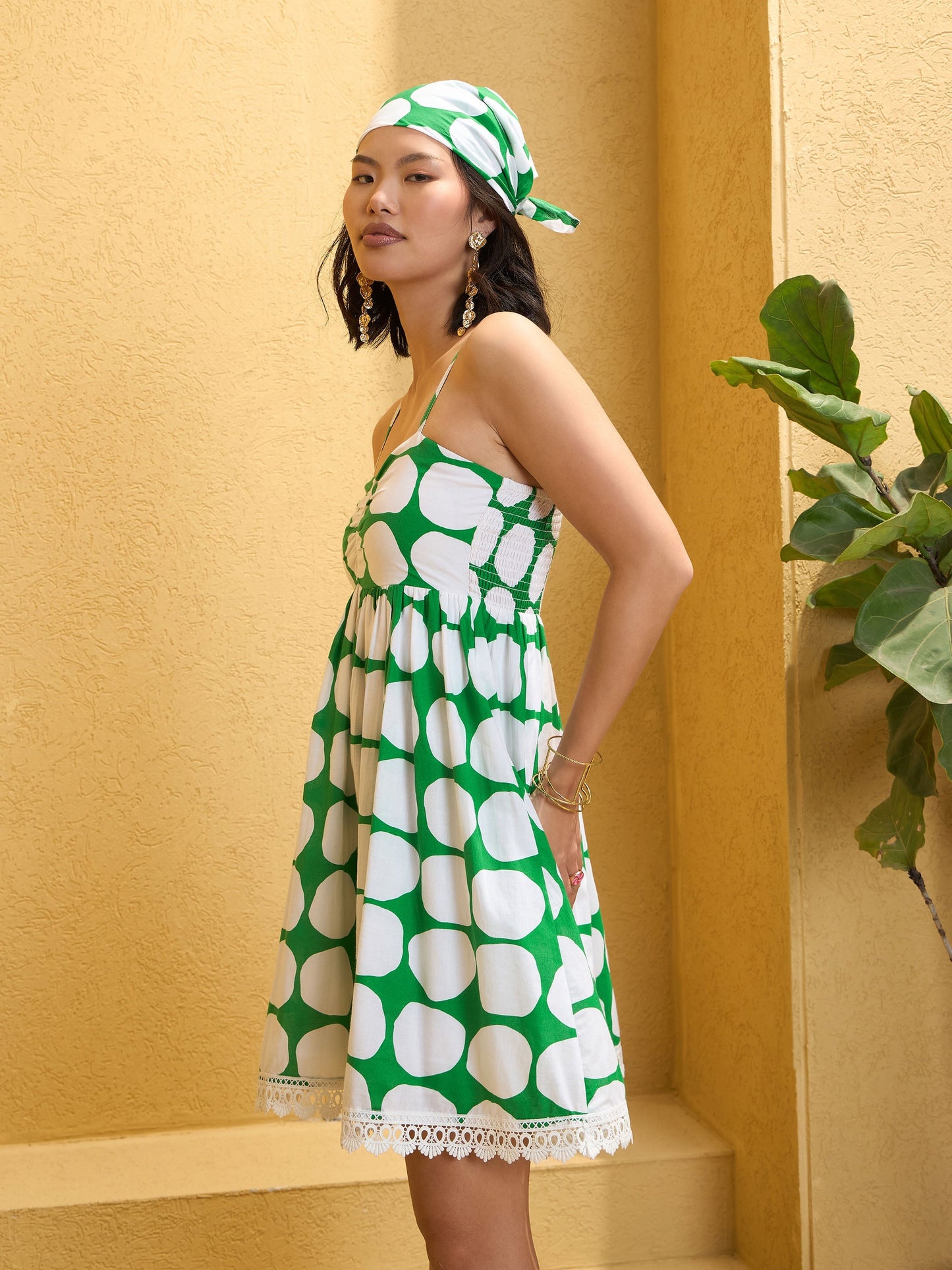 Women Green Polka Dot Strappy Short Dress