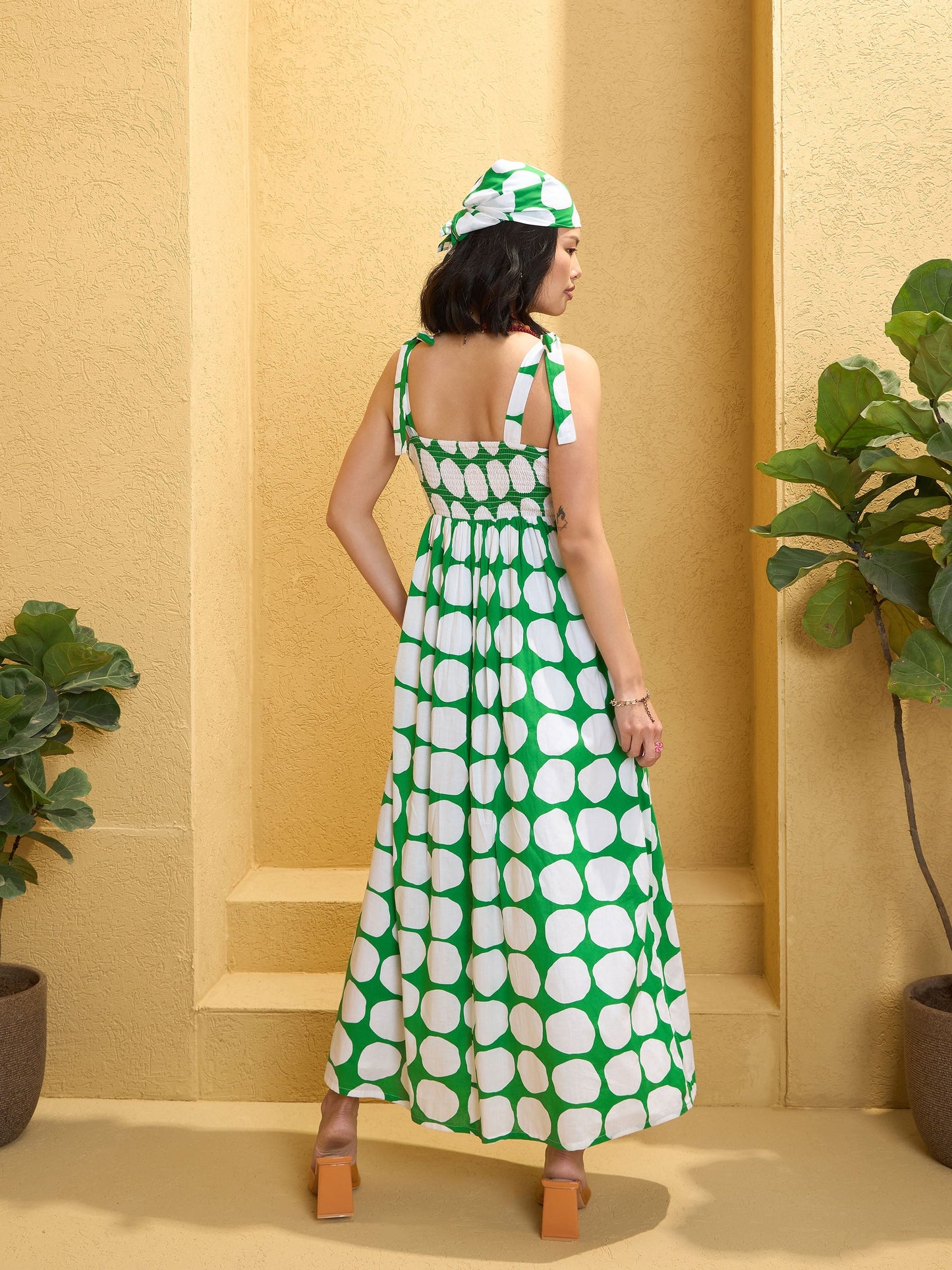 Women Green Polka Dot Shoulder Knot Maxi Dress