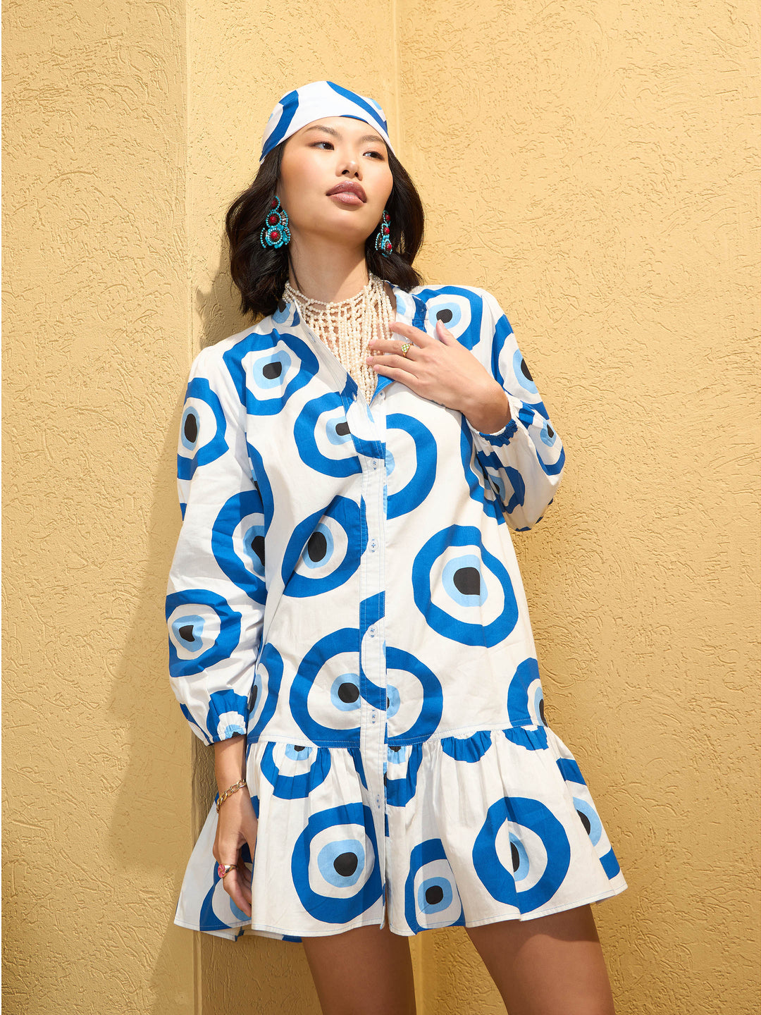 Women White Evil Eye Print Shirt Dress