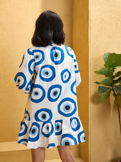Women White Evil Eye Print Shirt Dress