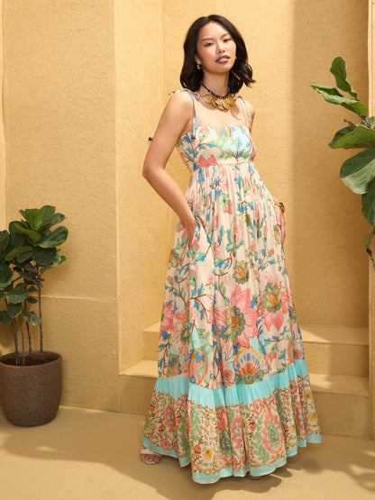 Women Beige Floral Strappy Tie-up Maxi Dress