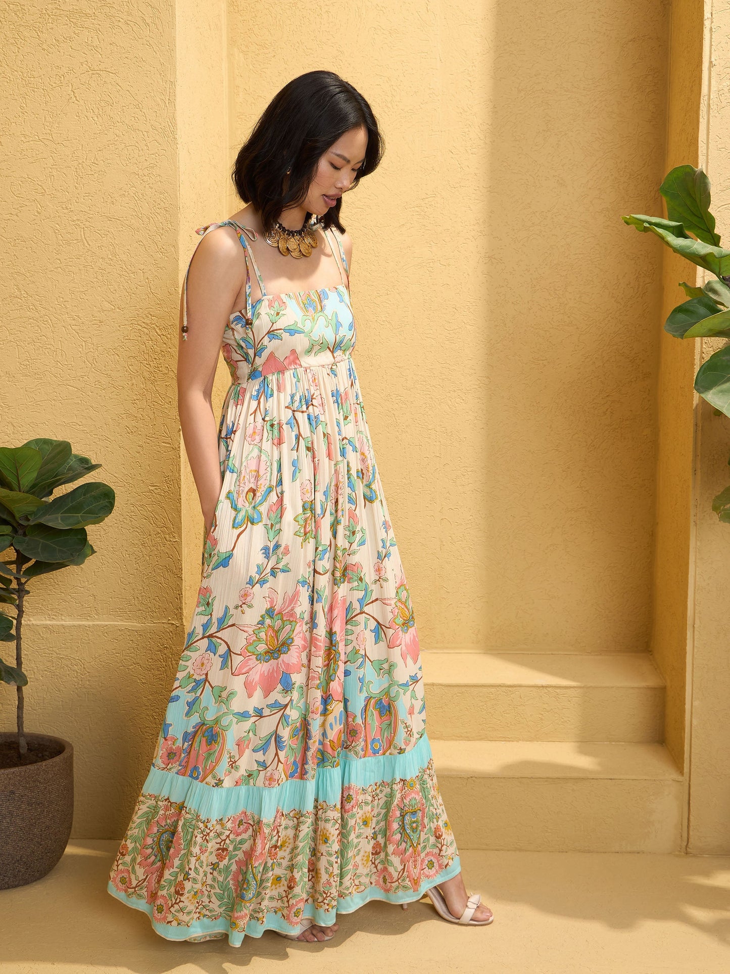 Women Beige Floral Strappy Tie-up Maxi Dress
