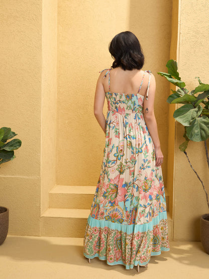 Women Beige Floral Strappy Tie-up Maxi Dress