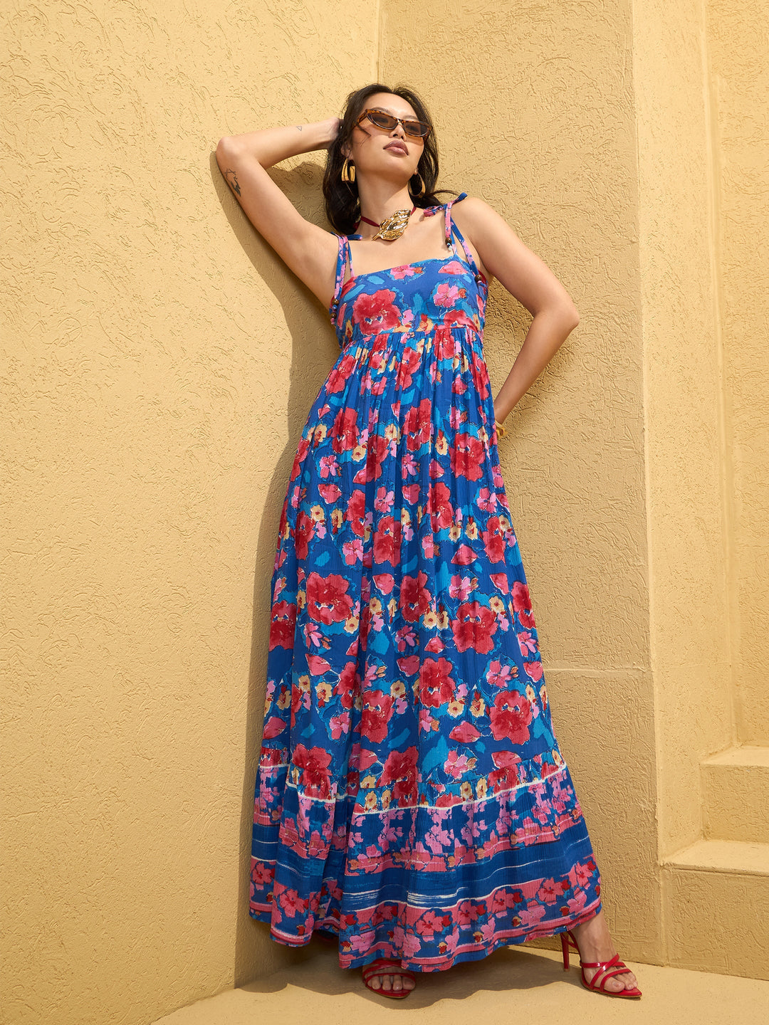 Women Navy Blue Floral Strappy Tie-up Maxi Dress