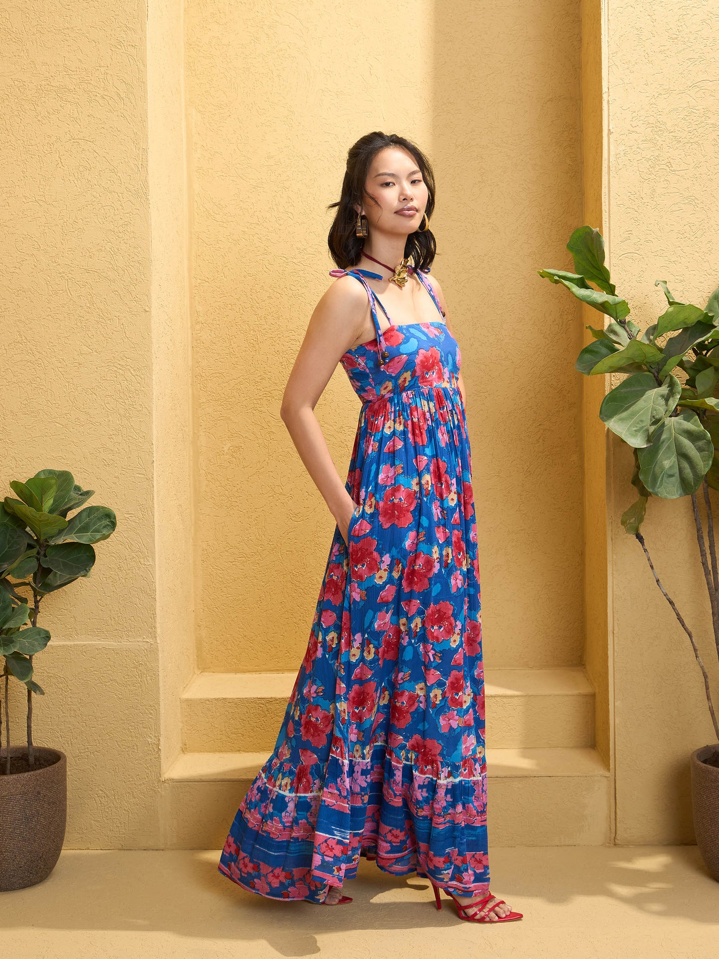 Women Navy Blue Floral Strappy Tie-up Maxi Dress