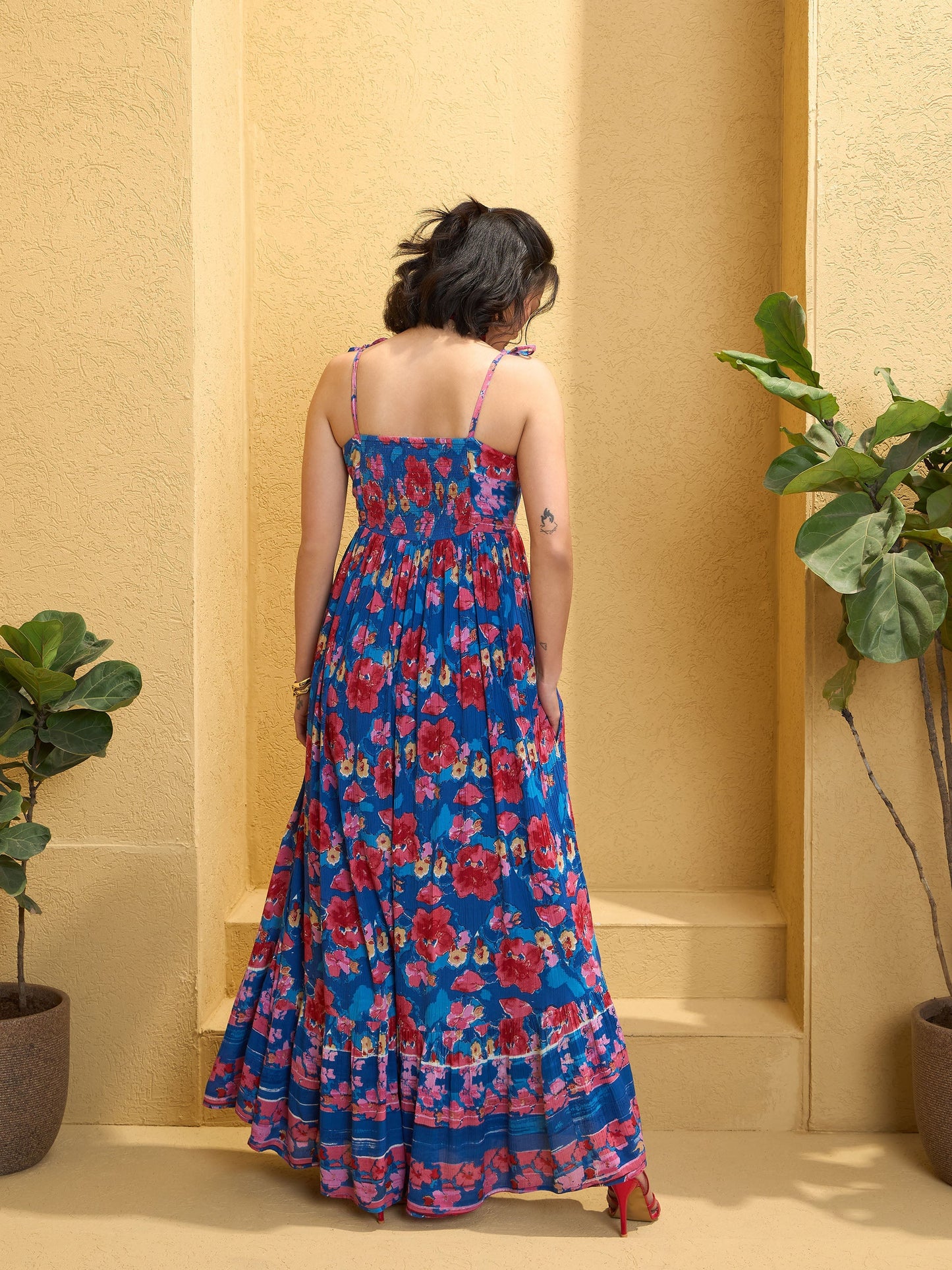Women Navy Blue Floral Strappy Tie-up Maxi Dress