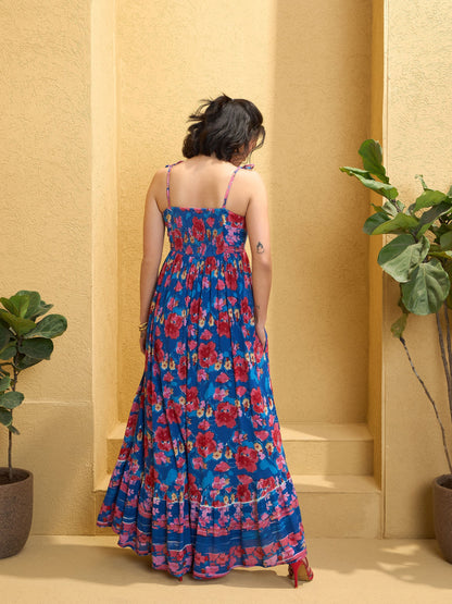 Women Navy Blue Floral Strappy Tie-up Maxi Dress