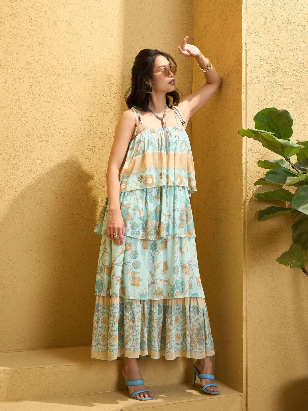 Women Turquoise Blue Frill Strappy Tie-up Tiered Maxi Dress
