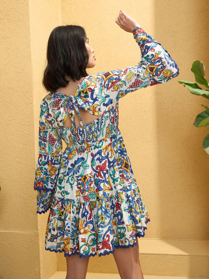 White Multi Floral Back Tie-Up Short Dress