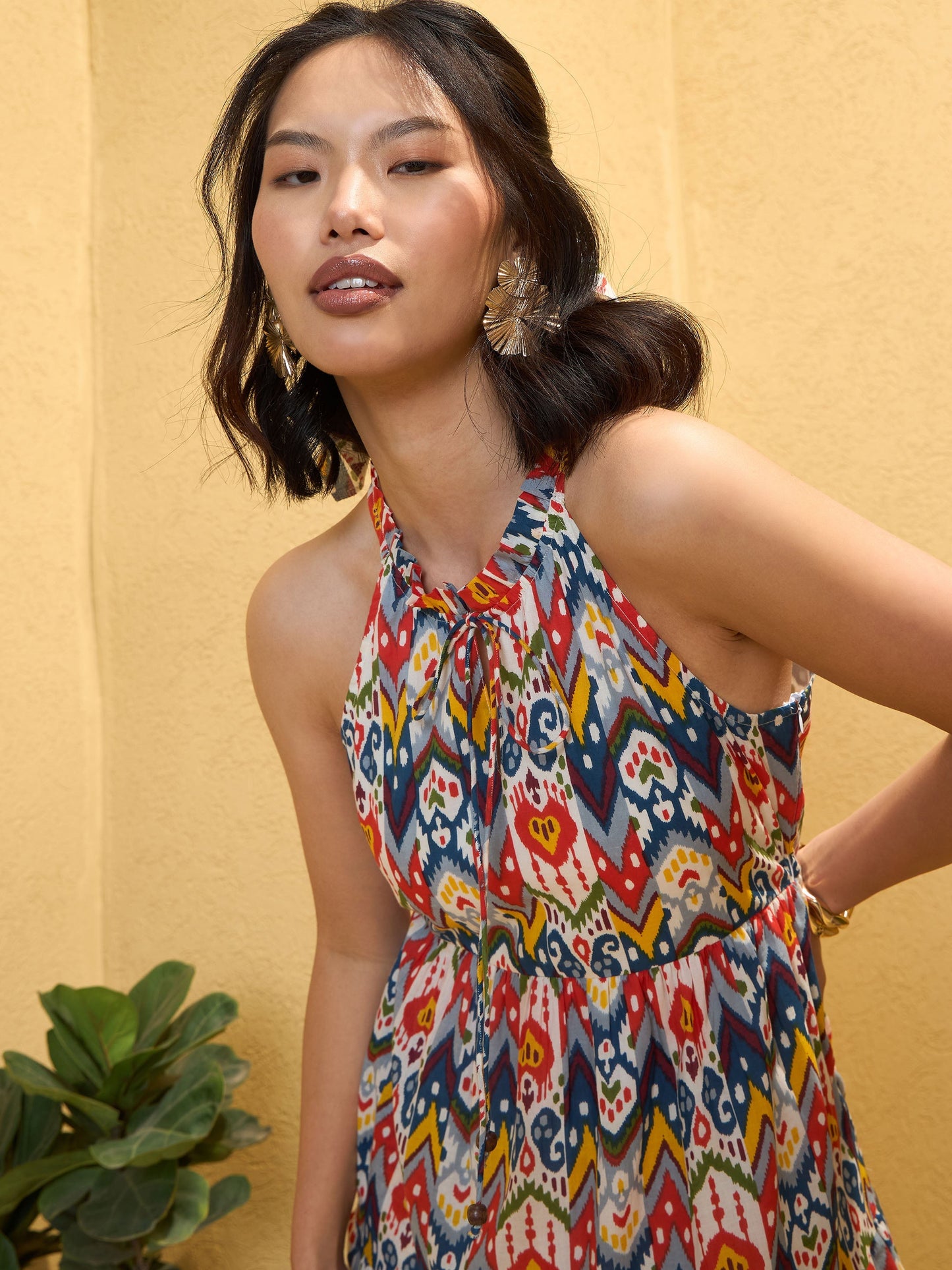 White Multi Ikat Halter Neck Maxi Dress