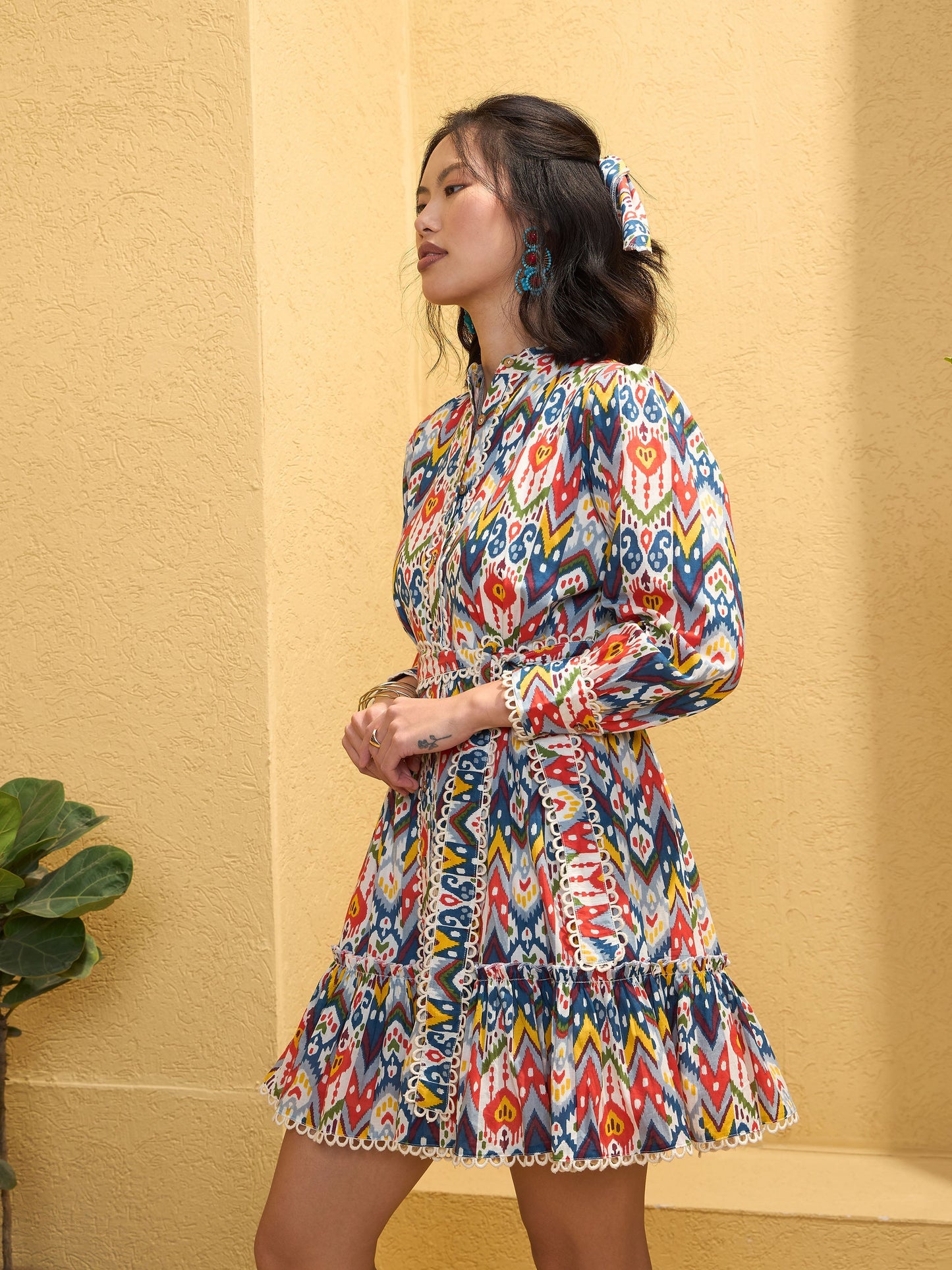 Women White Multi Ikat Short Shirt Dress