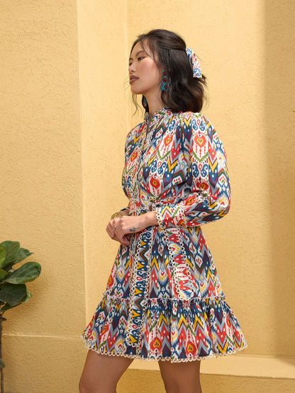 Women White Multi Ikat Short Shirt Dress