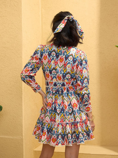 Women White Multi Ikat Short Shirt Dress