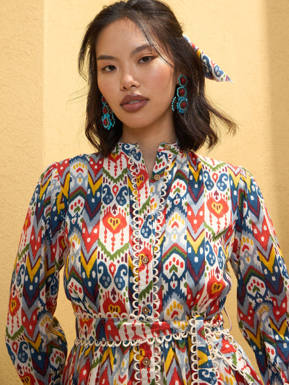 Women White Multi Ikat Short Shirt Dress