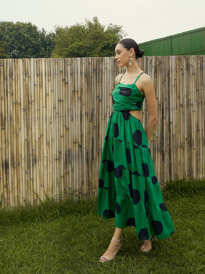 Women Green Strappy Back Cut-Out Polka Maxi