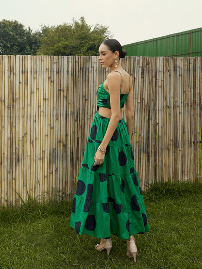 Women Green Strappy Back Cut-Out Polka Maxi