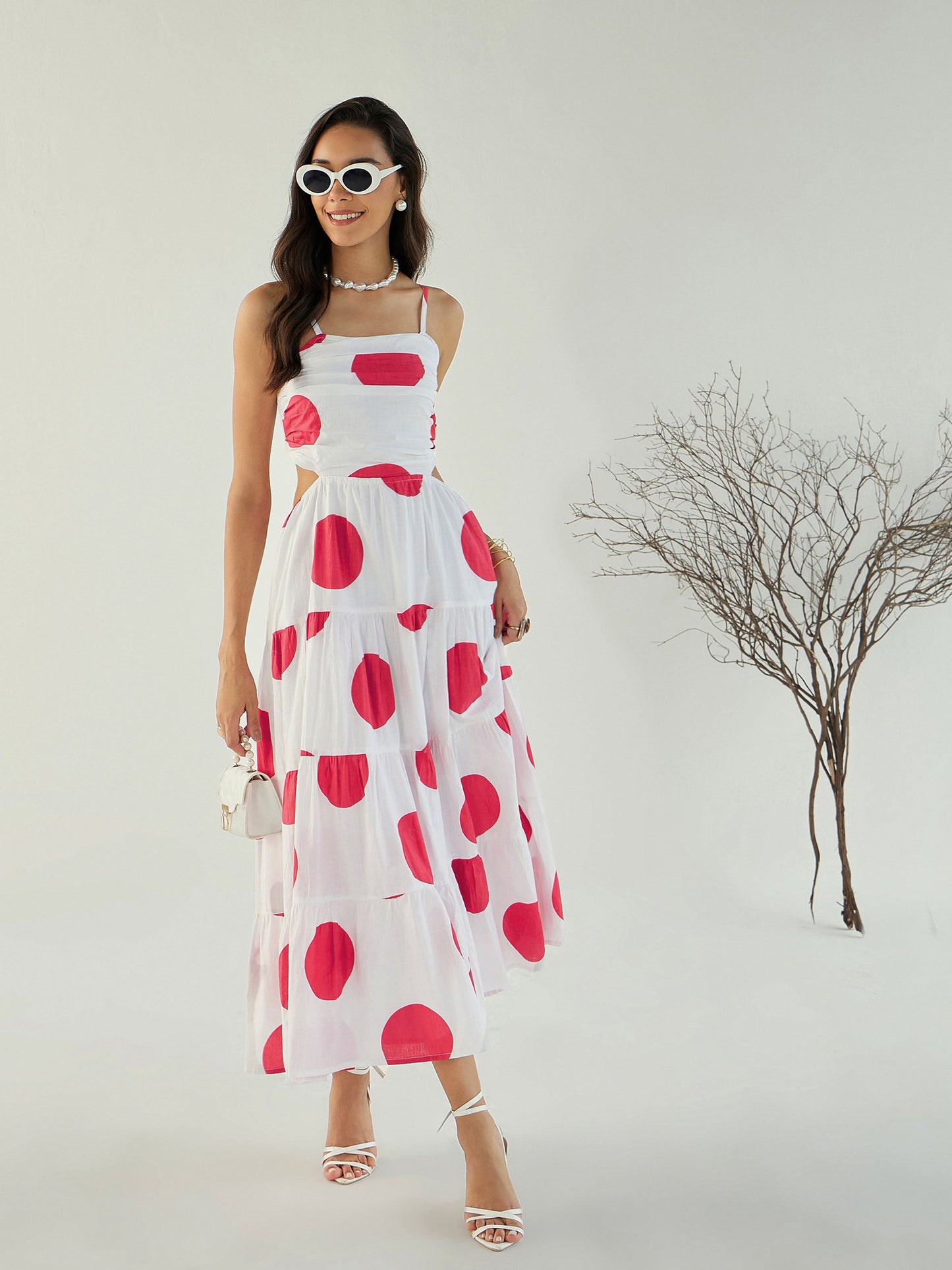 White Strappy Back Cut-Out Polka Maxi