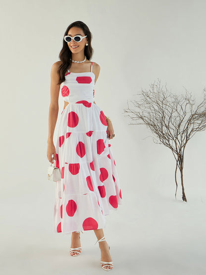 White Strappy Back Cut-Out Polka Maxi