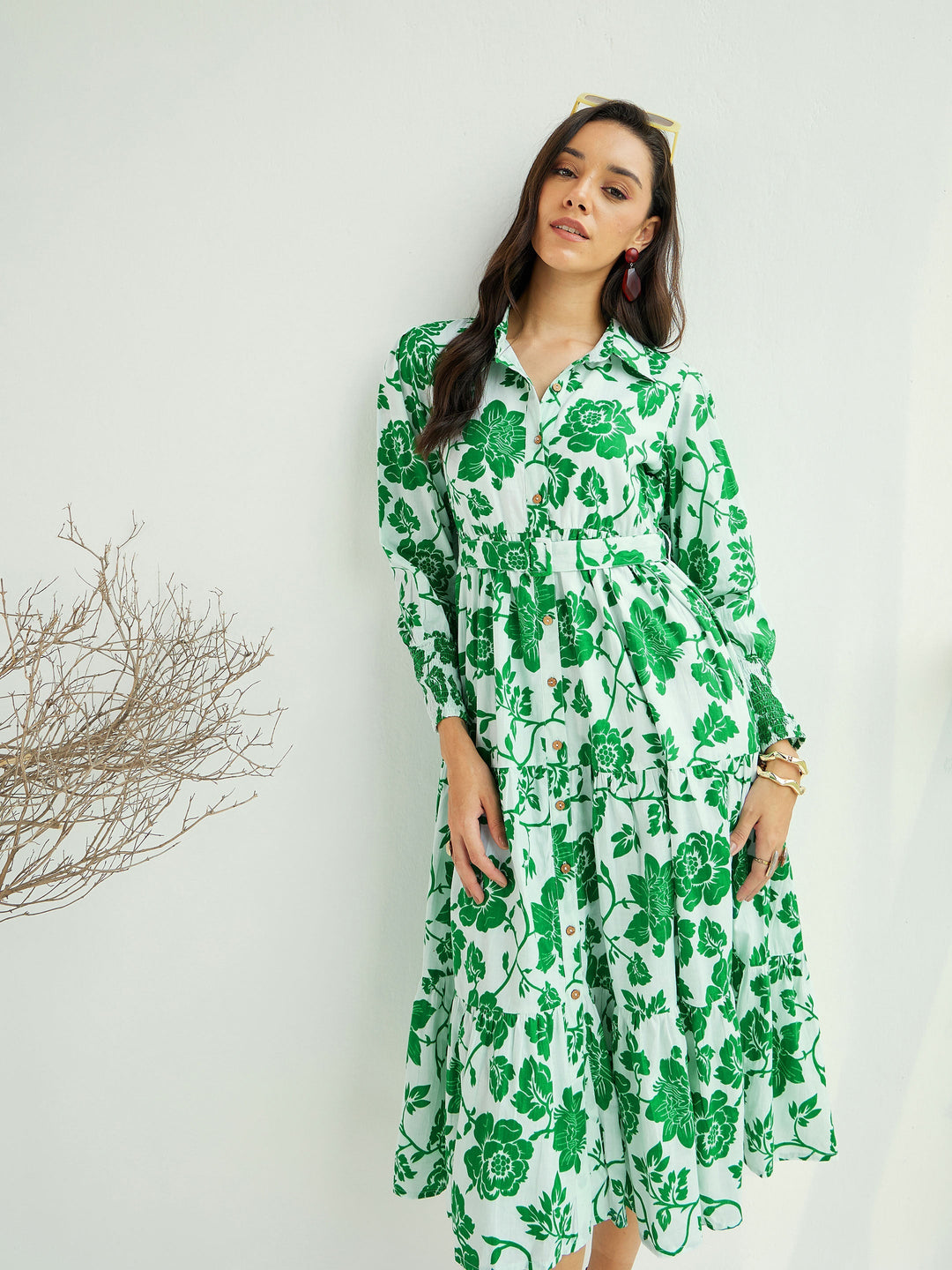 Women White &amp; Green Floral Front-Button Midi Dress