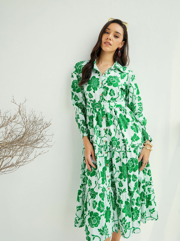 Women White &amp; Green Floral Front-Button Midi Dress