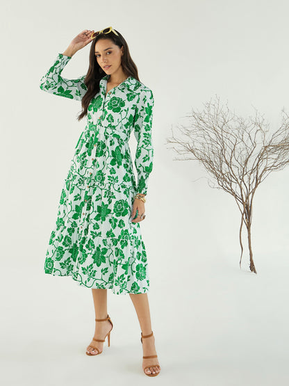 Women White & Green Floral Front-Button Midi Dress