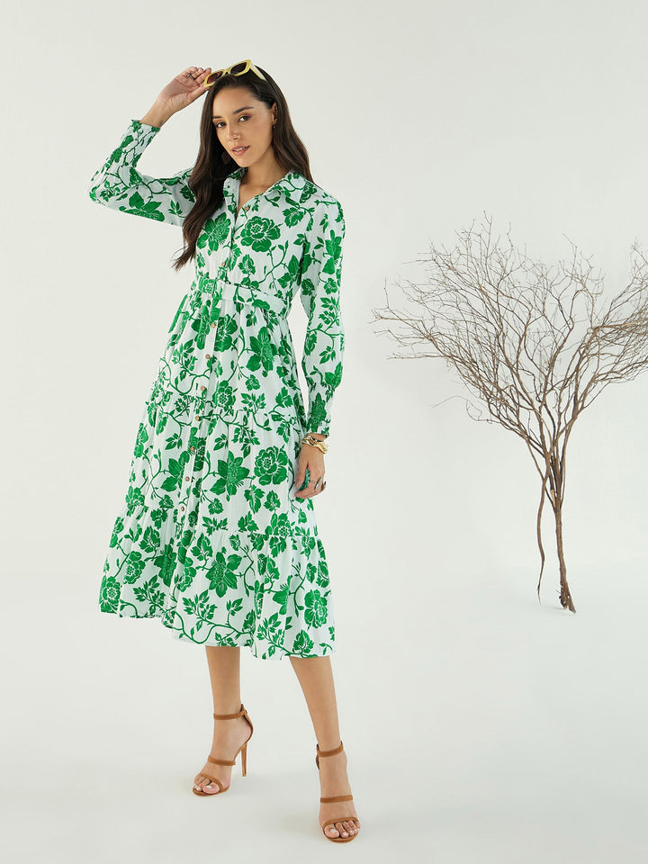 Women White &amp; Green Floral Front-Button Midi Dress