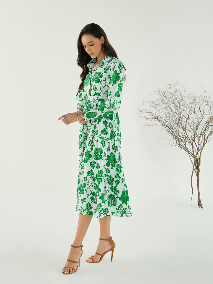 Women White &amp; Green Floral Front-Button Midi Dress