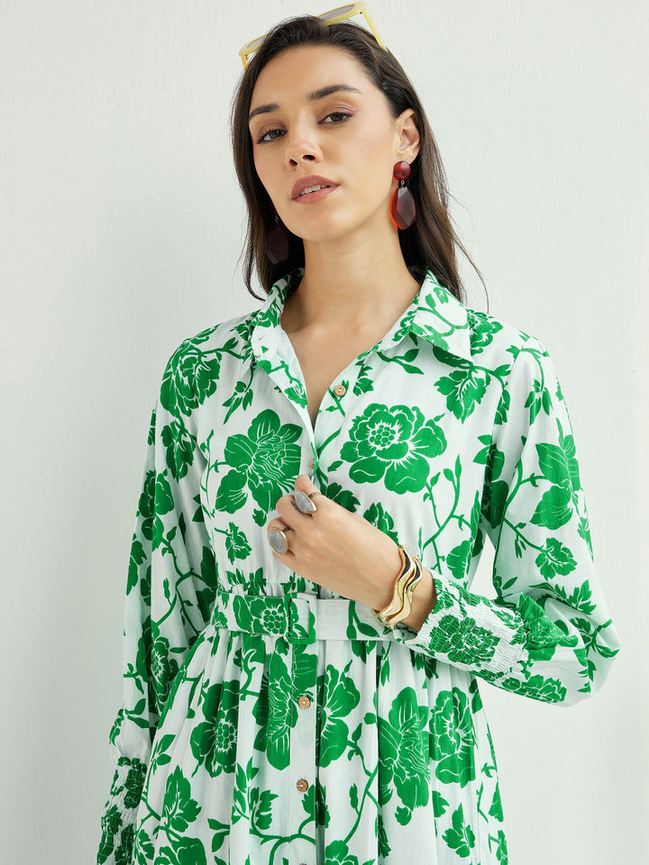 Women White &amp; Green Floral Front-Button Midi Dress