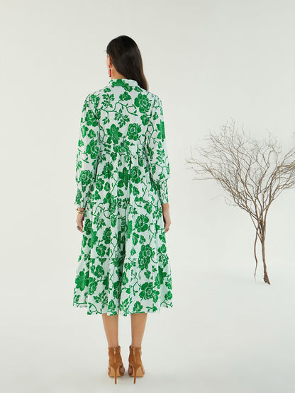 Women White & Green Floral Front-Button Midi Dress