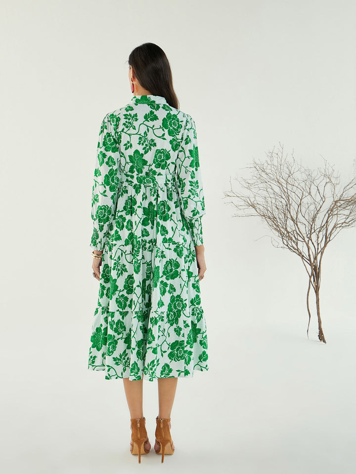 Women White &amp; Green Floral Front-Button Midi Dress