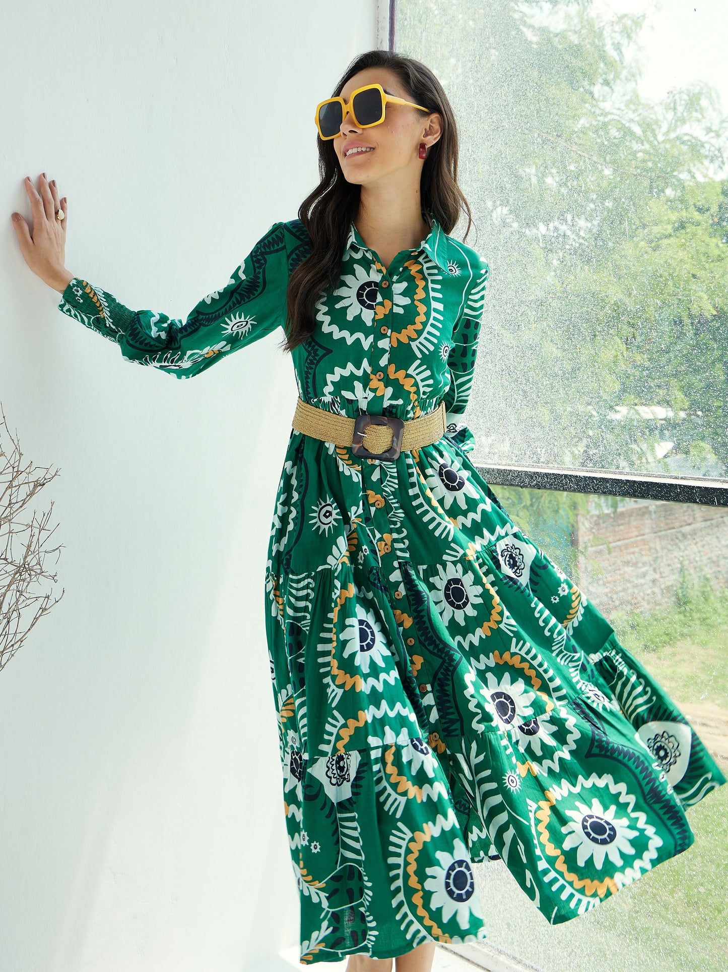 Women Green Floral Front-Button Midi Dress