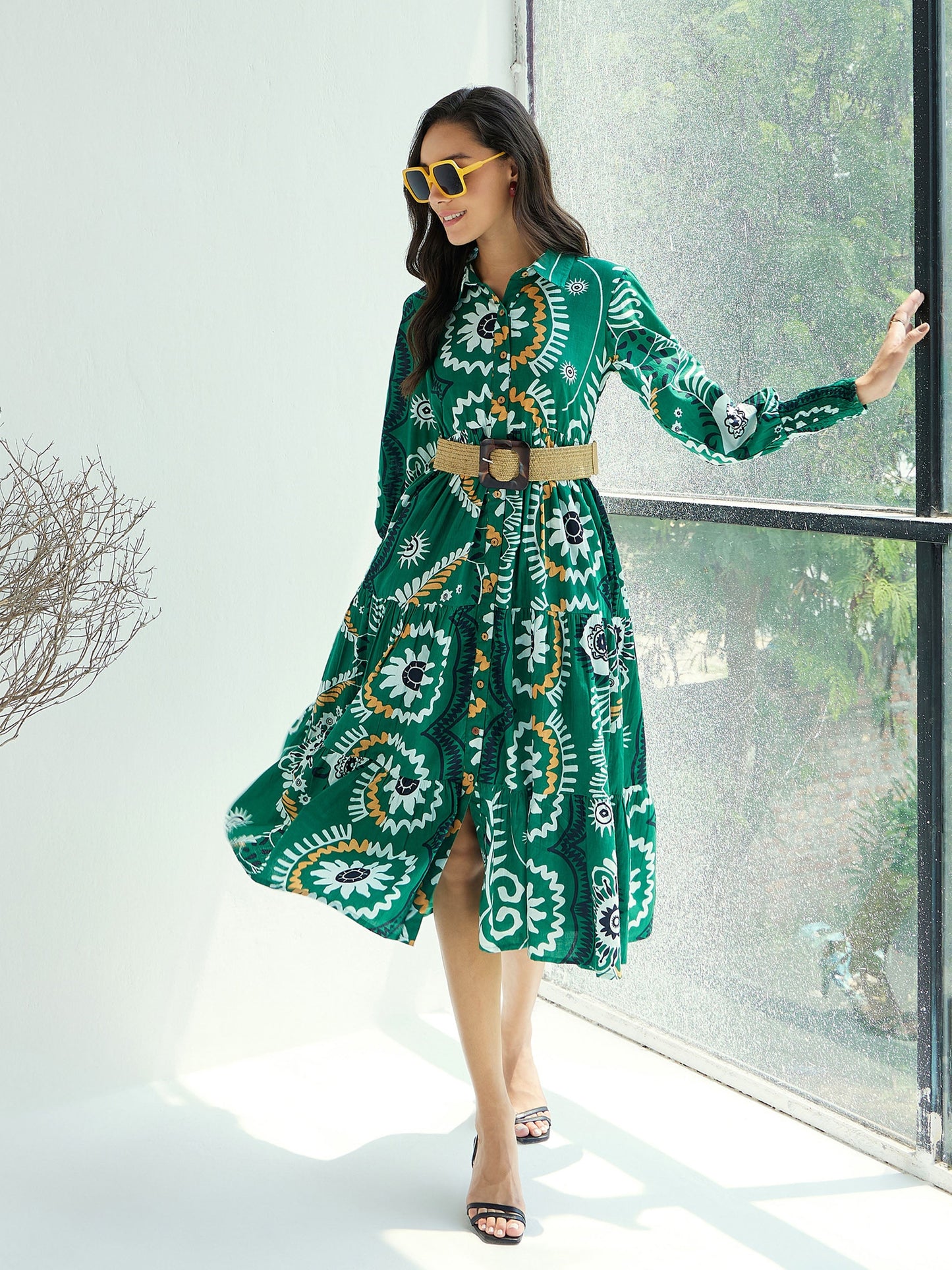 Women Green Floral Front-Button Midi Dress