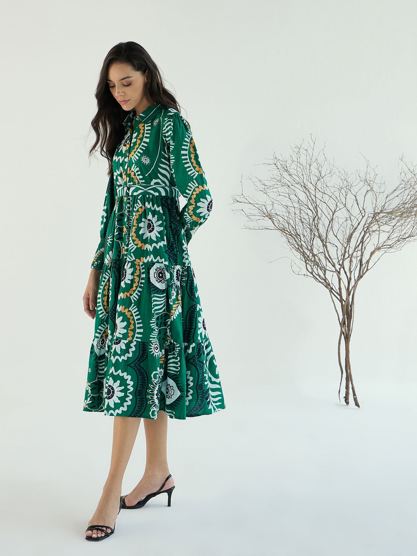Women Green Floral Front-Button Midi Dress