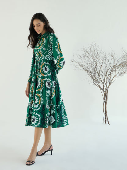 Women Green Floral Front-Button Midi Dress