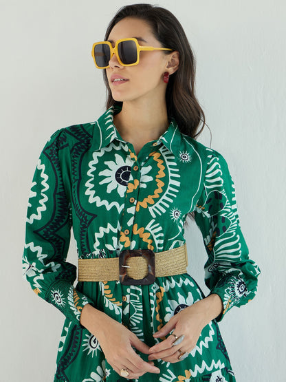 Women Green Floral Front-Button Midi Dress