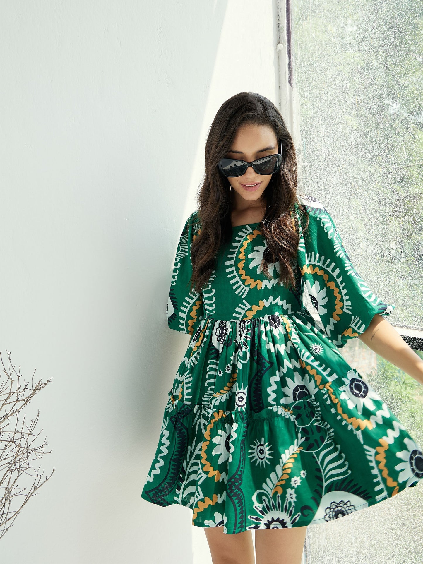 Women Green Floral Square-Neck Short Dress