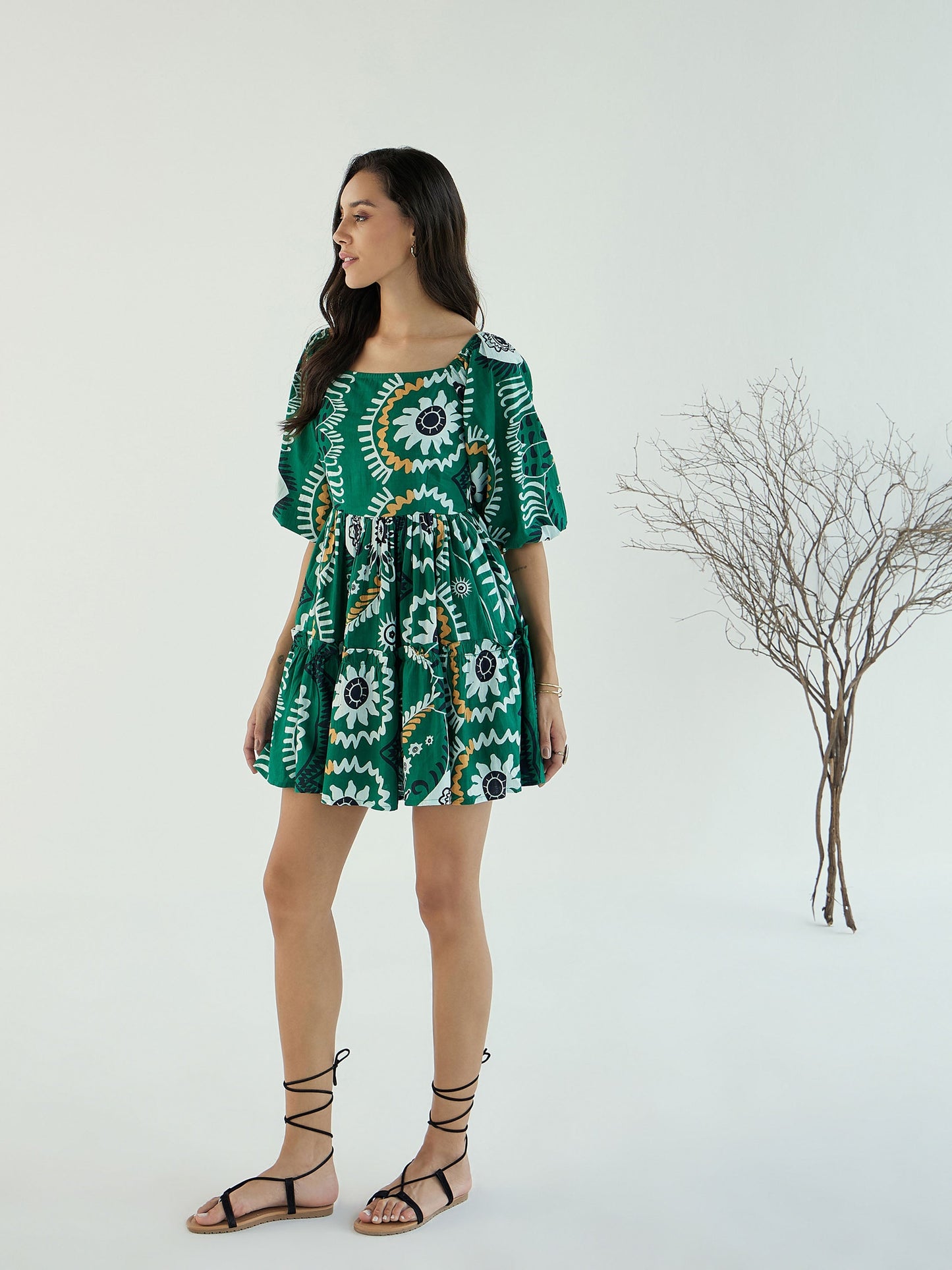 Women Green Floral Square-Neck Short Dress