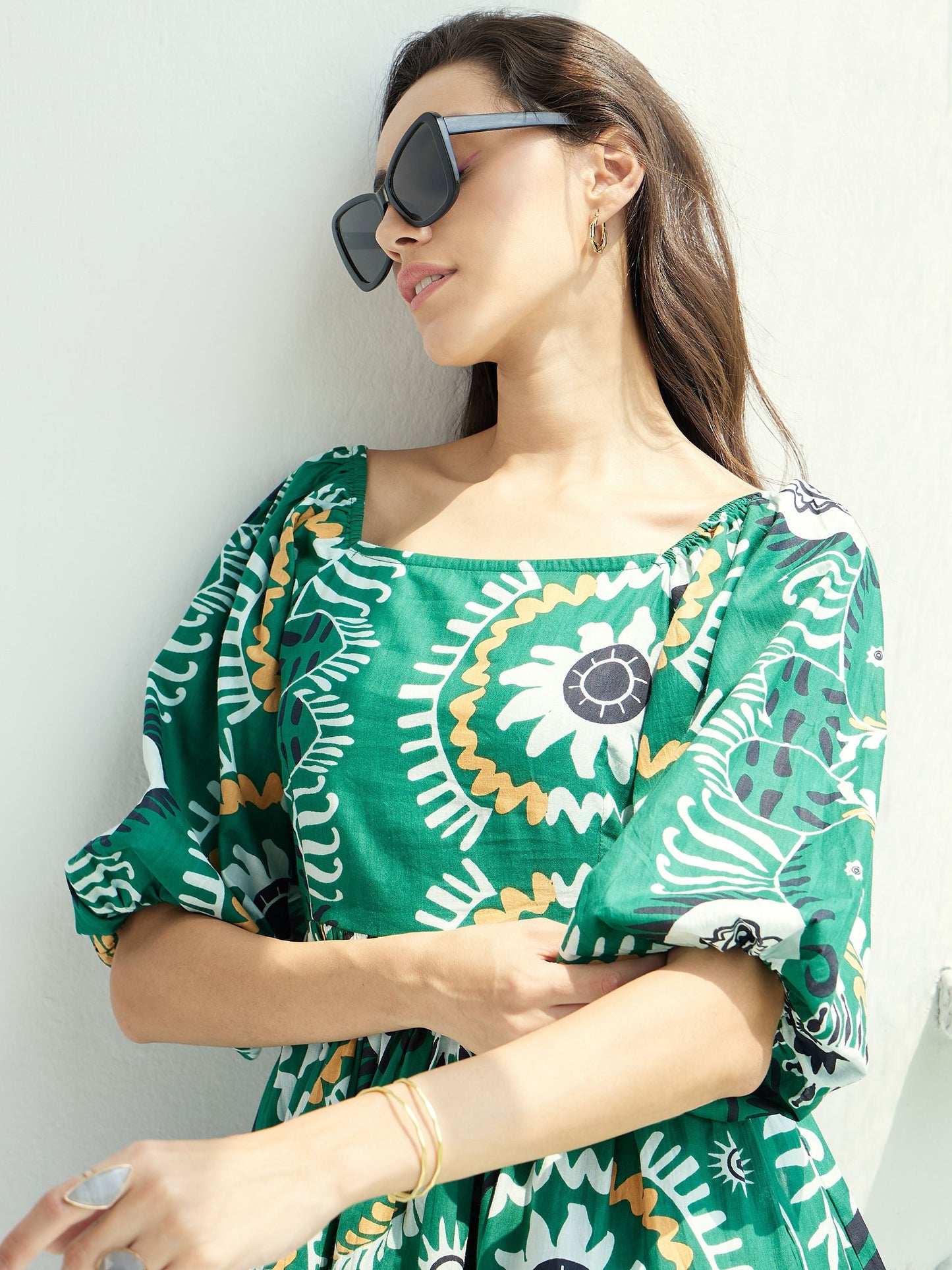 Women Green Floral Square-Neck Short Dress