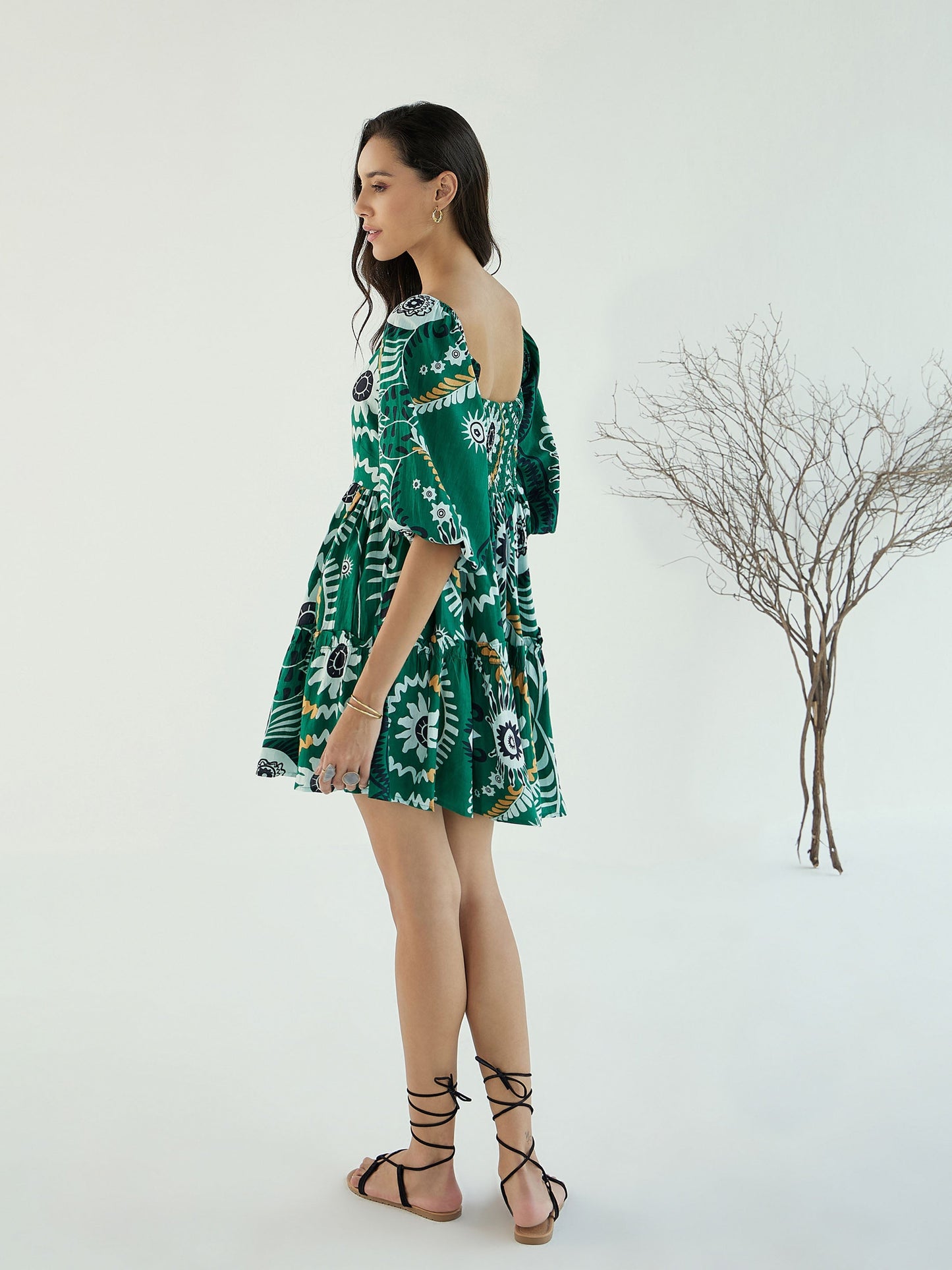 Women Green Floral Square-Neck Short Dress