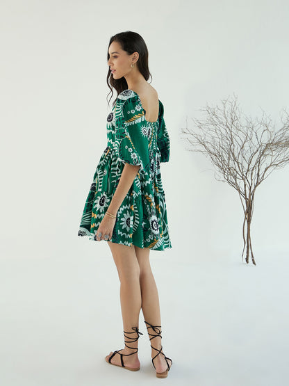 Women Green Floral Square-Neck Short Dress