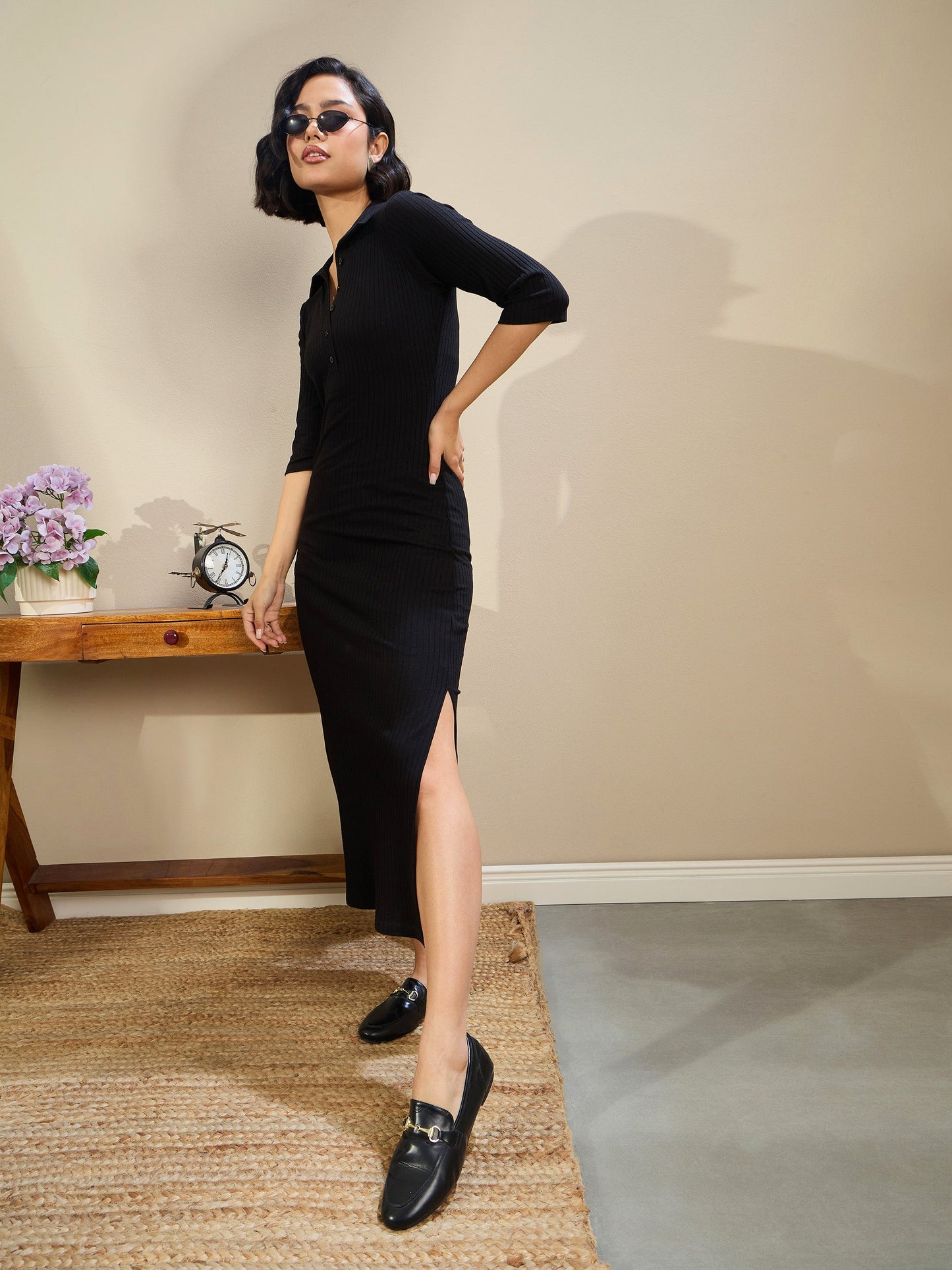 Black Rib Polo Neck Midi Dress