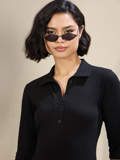 Black Rib Polo Neck Midi Dress