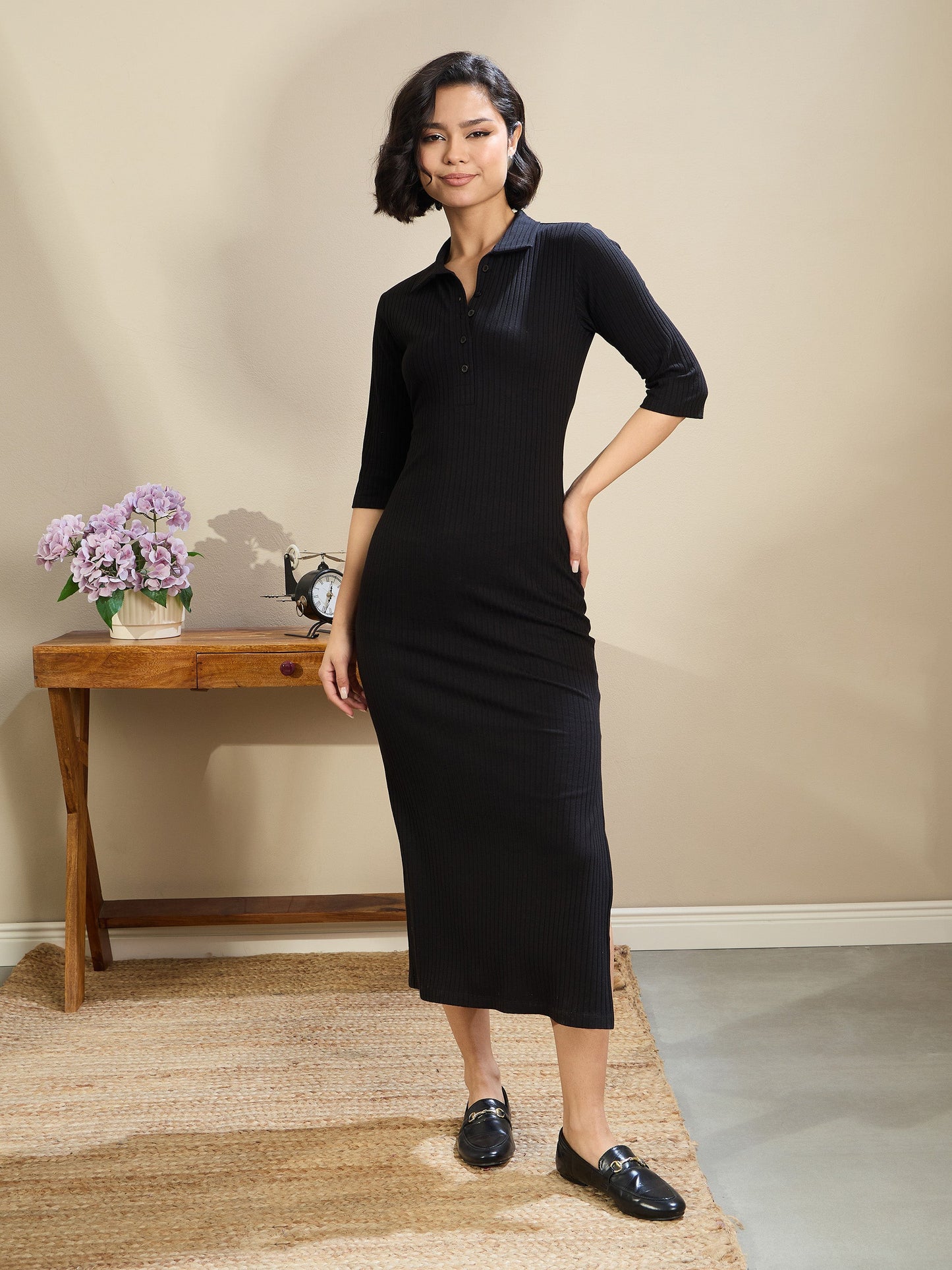Black Rib Polo Neck Midi Dress