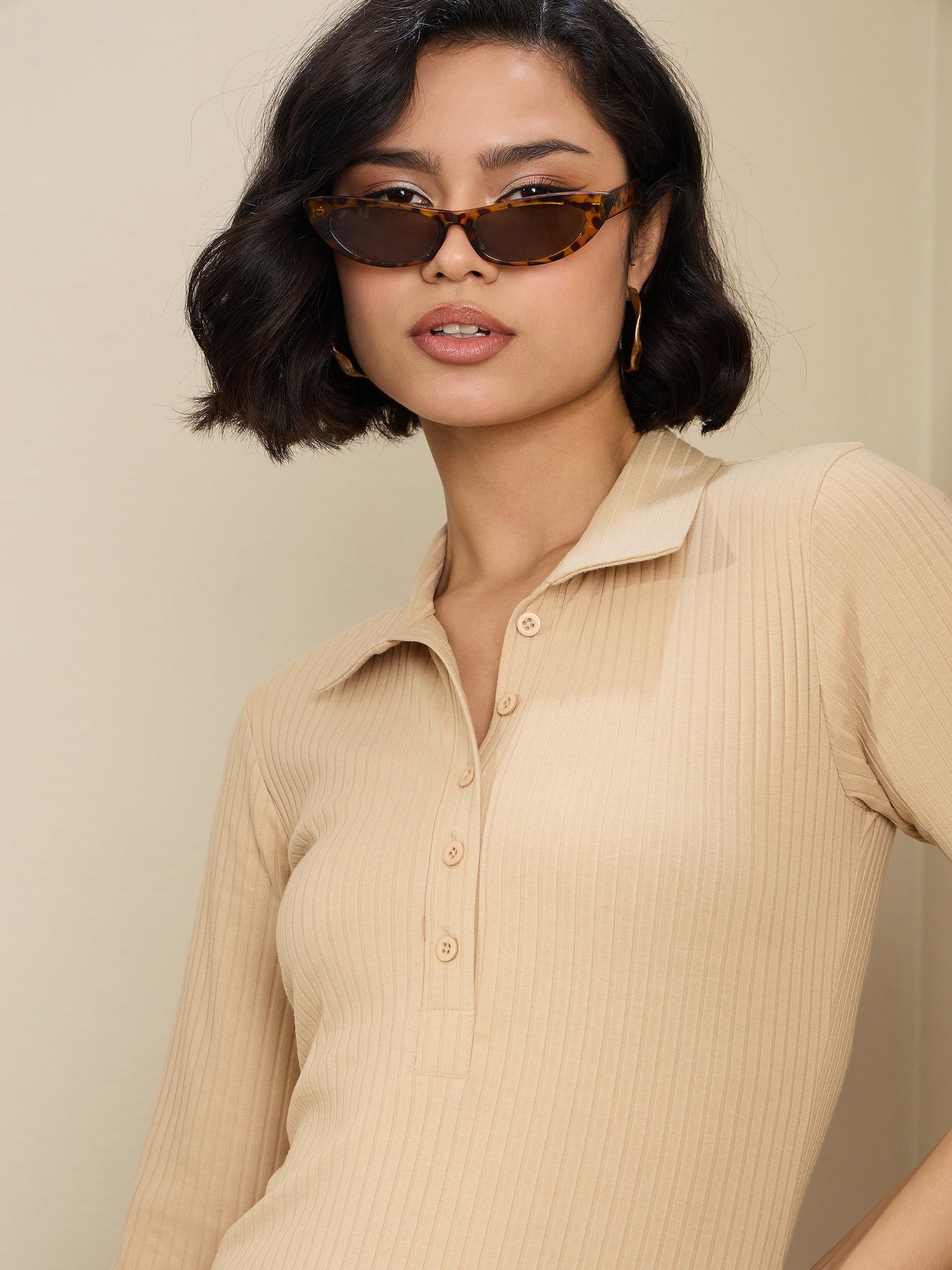 Beige Rib Polo Neck Midi Dress