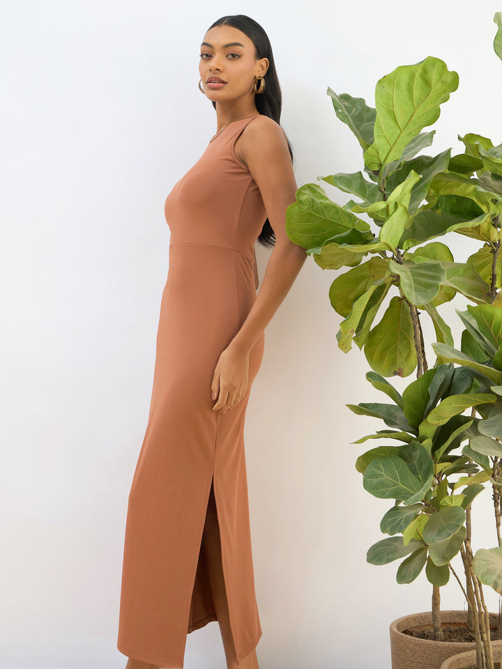 Women Rust Knitted Sleeveless Bodycon Midi Dress