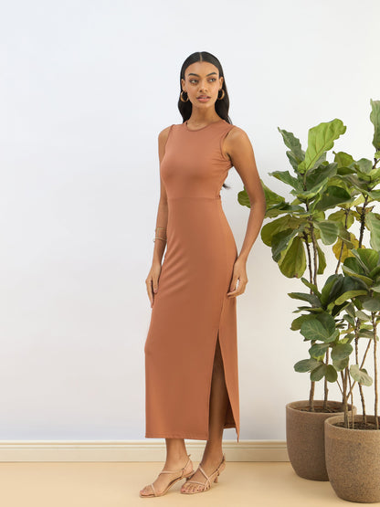 Women Rust Knitted Sleeveless Bodycon Midi Dress
