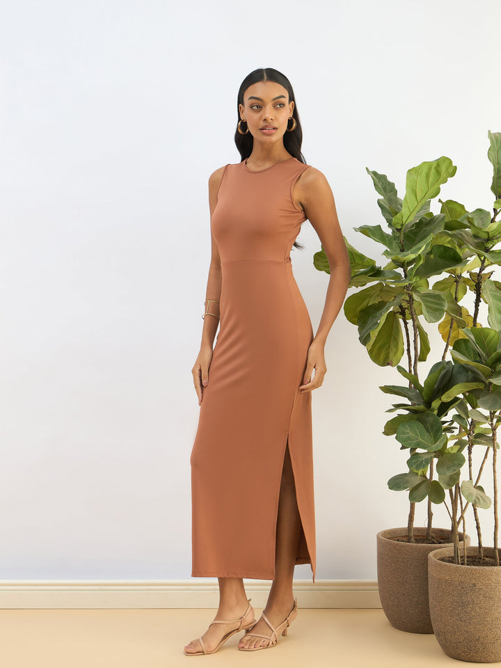Women Rust Knitted Sleeveless Bodycon Midi Dress